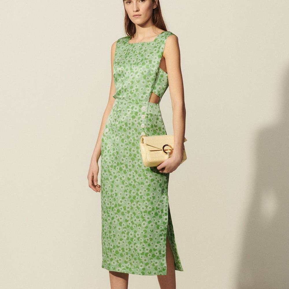 Sandro Ashley Floral Print Midi Dress Green Succession Worn Sleeveless Size 36